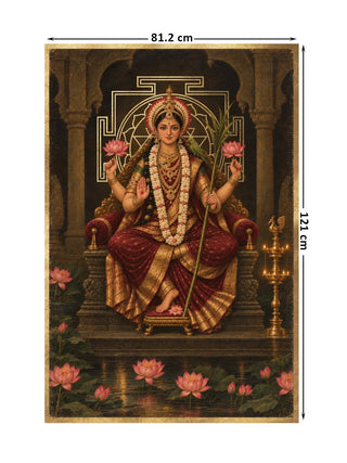 Maa Lalita Tripura Sundari portrait wall art, a four-armed seated figure before a gold yantra above a lotus pond, marked with its 121 cm by 81.2 cm size