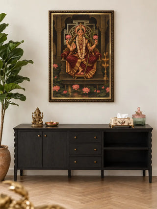 Maa Lalita Tripura Sundari portrait wall art in a dark beaded frame above a black sideboard with a brass Ganesha, a small brass lamp and a fig tree