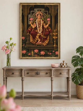 Maa Lalita Tripura Sundari portrait wall art in a gold frame above a grey-washed wood console table, beside pink lotus flowers and a monstera