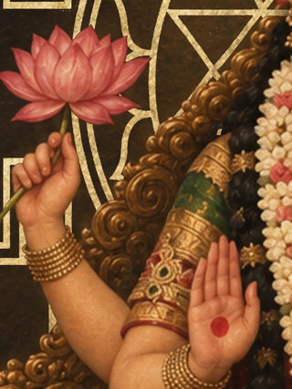 A detail of the Maa Lalita Tripura Sundari wall art showing a hand holding a pink lotus, a raised palm, gold bangles and carved gold throne scrollwork