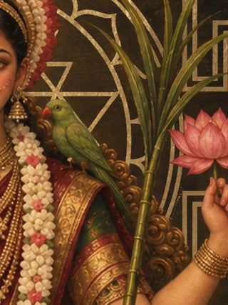 A detail of the Maa Lalita Tripura Sundari wall art showing a green parrot on the shoulder, a sugarcane stalk, a pink lotus and the gold yantra lines
