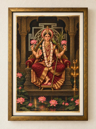 Maa Lalita Tripura Sundari framed wall art: the goddess before a gold Sri Yantra above a lotus pond, wooden frame with ivory mount