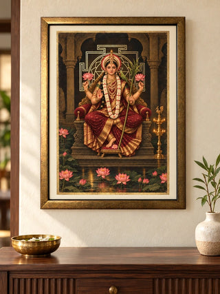Maa Lalita Tripura Sundari framed wall art hung in an entryway