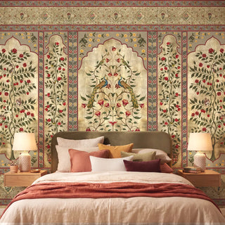 A luxury bedroom featuring the Madhuban Golden mural with gilded arches and peacock motifs behind a modern upholstered bed view-bedroom