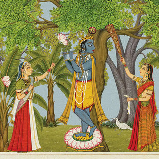 A detailed close-up of the Madhuban Vihar wallpaper highlighting Krishna playing the flute beneath a tree, flanked by two gopis, with a white bird at his feet.