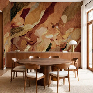 Magma in Ice wallpaper in Molten Amber above a wooden sideboard in a dining room with a round table.