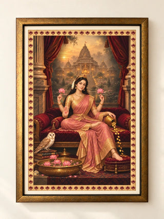 Mahalakshmi Darbar framed wall art: Goddess Lakshmi in pink and gold with lotuses before a temple, wooden frame with ivory mount