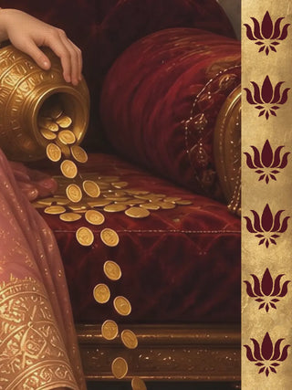 A close-up of the Mahalakshmi Darbar wall art showing a golden pot spilling gold coins across a red velvet seat, beside a maroon lotus-motif border on gold.