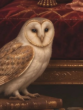 A close-up of the Mahalakshmi Darbar wall art showing a pale owl with golden-brown wings perched on a stack of books before red quilted velvet.
