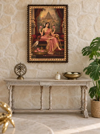 The Mahalakshmi Darbar wall art in a beaded dark frame above a grey carved console with a brass figurine, a brass bowl of white blooms and a monstera plant.