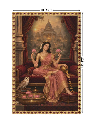 Full view of the Mahalakshmi Darbar wall art showing a four-armed figure in a pink and gold sari on a red velvet divan with an owl, at 121 cm by 81.2 cm.