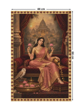 Full view of the Mahalakshmi Darbar wall art showing a four-armed figure in a pink and gold sari on a red velvet divan with an owl, at 66 cm by 44 cm.