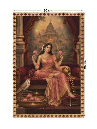 Full view of the Mahalakshmi Darbar wall art showing a four-armed figure in a pink and gold sari on a red velvet divan with an owl, at 90 cm by 60 cm.