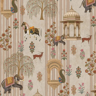 The Majestic Mewar wallpaper in Beige shown in full pattern repeat, highlighting the caparisoned horses, elephants and domed pavilion motifs