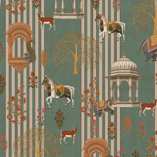The Majestic Mewar wallpaper in Green shown in full pattern repeat, highlighting the caparisoned horses, elephants and domed pavilion motifs