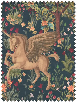 A high-resolution swatch of Majestica Blue fabric featuring a golden winged unicorn in a lush, floral-filled midnight forest.