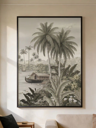 Large Malabar Kerala framed print styled on a white wall in a modern living room with neutral decor.