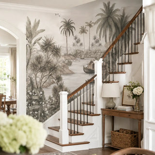A luxurious Staircase area featuring the Malabar Kerala mural. view-staircase
