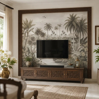 A luxury living room featuring the Malabar mural in a TV panel. view-tvpanel