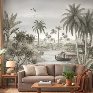 A luxury living room featuring the Malabar mural in greyscale behind a neutral linen sofa with terracotta and sage accents view-livingroom