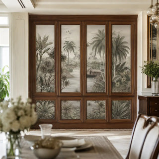 A luxurious room featuring the Malabar mural on a wooden wardrobe. view-wardrobe

