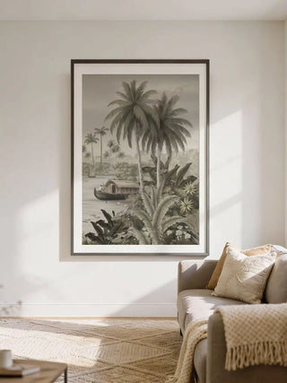 Malabar Kerala monochromatic landscape art framed in black, styled above a contemporary sofa.