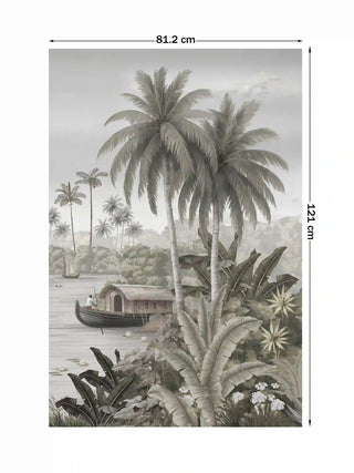 Malabar Kerala backwater wall art print featuring a houseboat and palm trees, size 81.2cm x 121cm.