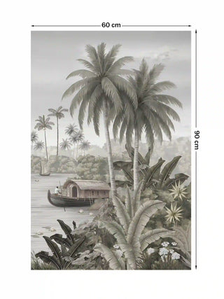 Malabar Kerala backwater wall art print featuring a houseboat and palm trees, size 60cm x 90cm.