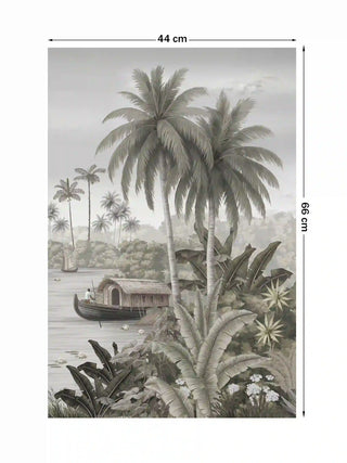 Malabar Kerala backwater wall art print featuring a houseboat and palm trees, size 44cm x 66cm.
