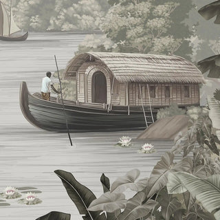 A detailed close-up of the Malabar Kerala Themed Wallpaper, showing a traditional houseboat on the river surrounded by tropical foliage.