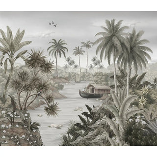 The Malabar Kerala Themed Wallpaper mural, showcasing the full tropical landscape with palm trees, a river, and boats.