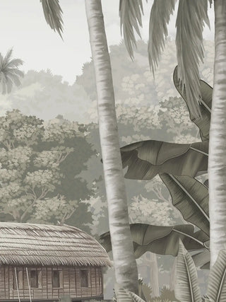 A close-up of The Malabar Wall Art in Mist-Grey showing a thatched-roof house nestled among coconut palms and banana plants.