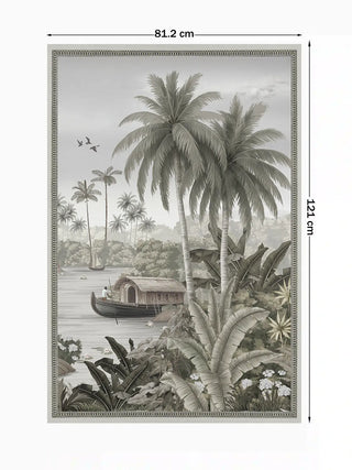 The Malabar Wall Art in Mist-Grey, size 121x81.2cm, showing a traditional houseboat and coconut palms with dimension markers.