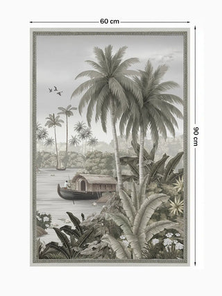 The Malabar Wall Art in Mist-Grey, size 90x60cm, showing a traditional houseboat and coconut palms with dimension markers.