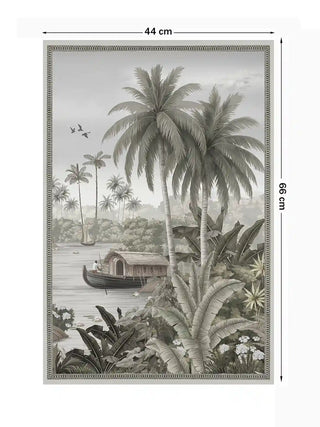 The Malabar Wall Art in Mist-Grey, size 66x44cm, showing a traditional houseboat and coconut palms with dimension markers.