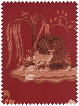 Full design layout of the Malhar fabric swatch featuring white swans and botanical elements on a crimson base.