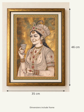 Size guide for Malika-e-Riyasat framed wall art: 46 cm high and 35 cm wide including frame
