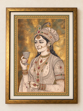 Malika-e-Riyasat framed wall art: Mughal miniature queen in pearls and a jewelled crown on burnished gold, wooden frame with ivory mount
