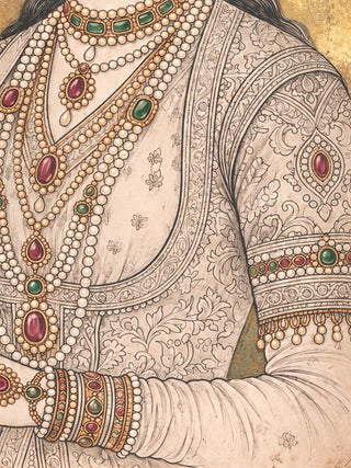 Close up of Malika-e-Riyasat wall art showing the texture of the chikankari anarkali, ruby and emerald pendants and hand-painted pearl strands