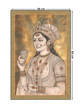 Malika-e-Riyasat wall art in ivory and antique gold showing the jewelled Mughal queen holding a chalice, full design at 44 x 66 cm dimensions