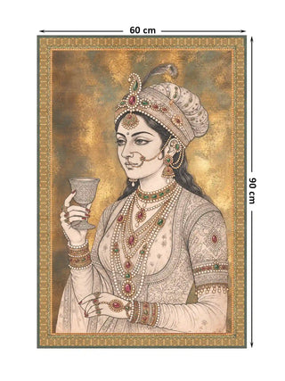 Malika-e-Riyasat wall art in ivory and antique gold framed by a woven zari border, full design shown at 60 x 90 cm dimensions