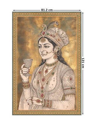 Malika-e-Riyasat wall art in ivory and antique gold with pearl-wound turban, nath and layered necklaces, full pattern layout at 81.2 x 121 cm dimensions
