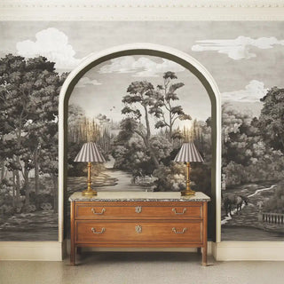 A close-up section of the wallpaper highlighting the detailed vintage European scenery in monochrome tones.