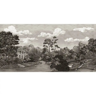 A full wall view of the black and white manor estate wallpaper, showing intricate landscape details with trees, a river, and pastoral elements.