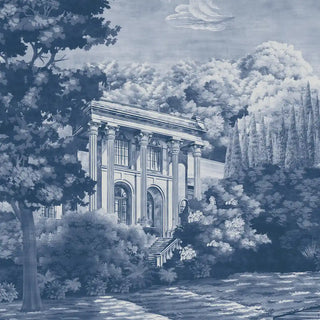 A close-up of the wallpaper showing intricate blue-toned illustrations of trees, water, and countryside elements.