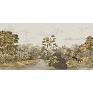 A full wall view of the sepia European estate wallpaper, showcasing detailed manor-inspired scenery framed by elegant interiors.