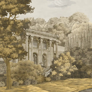 A close-up of the wallpaper showing fine details of trees, a river, and pastoral landscapes in sepia tones.