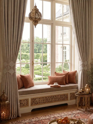 A pair of Marrakesh Moti pearl-accented tiebacks styled symmetrically on greige curtains framing a window seat with a Moroccan brass lantern.
