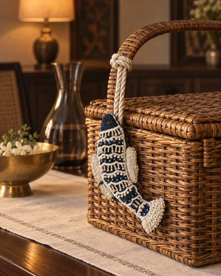 Matsya handcrafted velvet fish charm tied to the handle of a woven cane hosting hamper.
