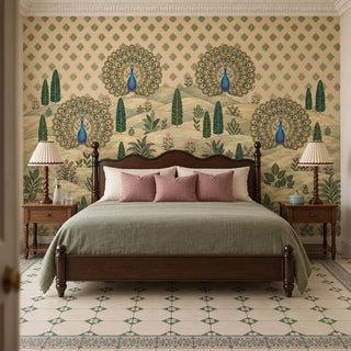 The Mayur Mahal wallpaper mural behind a dark wooden bed with a sage throw and pink cushions, peacocks fanned across the cypress hills view-bedroom